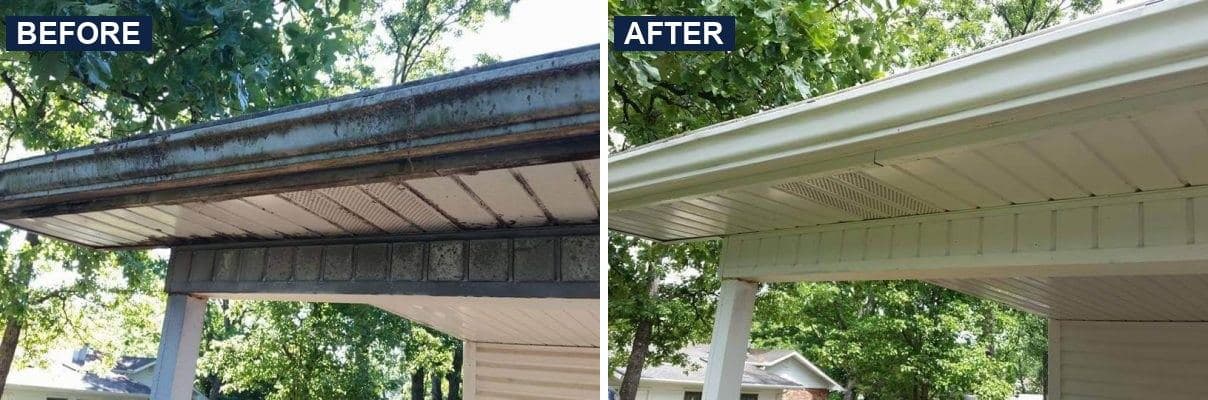 Before and after of a gutter and soffit line our crew cleaned, from stained to bright white